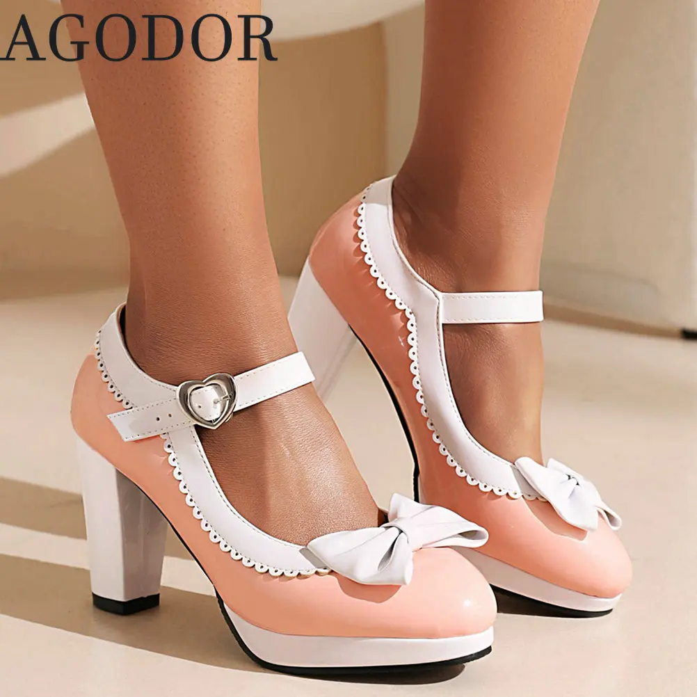 

AGODOR Bow Mary Janes Patent Leather Block High Heel Pumps for Women Rockabilly Shoes Lolita Pumps Fashion Wingtip Vintages