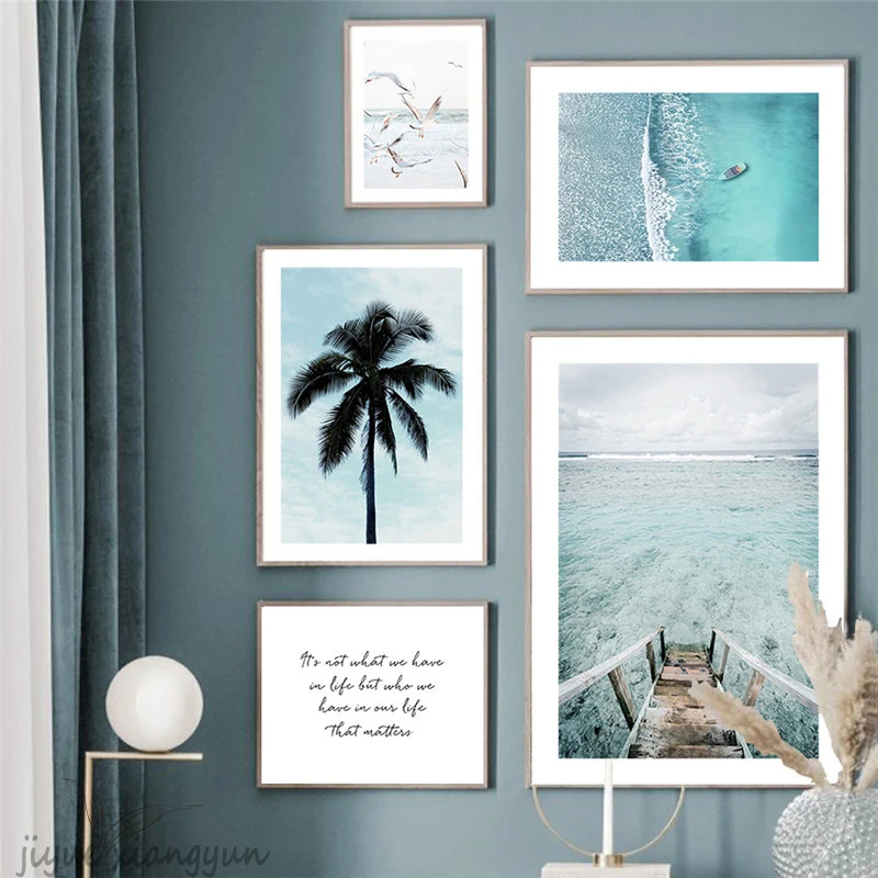 Surfboard Sailboat Beach Dolphin Seagull Palm Art Canvas Painting Nordic Posters and Prints Wall Pictures Living Room Home Decor | Дом и сад