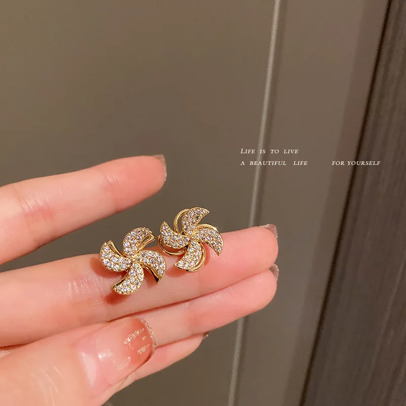 

925 Silver Needle Micro Set Zircon Transport Windmill Earrings Rotatable Korean Temperament Personality