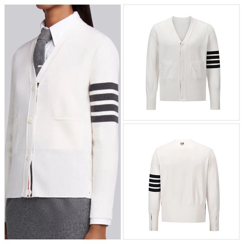 

Женский свитер TB THOM, модные брендовые мужские зимние свитера, полосатый кардиган с V-образным вырезом и 4 полосками, вязаные облегающие блузки в Корейском стиле