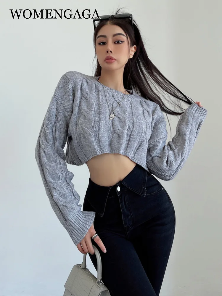 

WOMENGAGA Street Autumn Pullover Short Long Sleeve Loose Round Neck Sweater Women Short Fashion Women Kroean Sweater Top A8EM