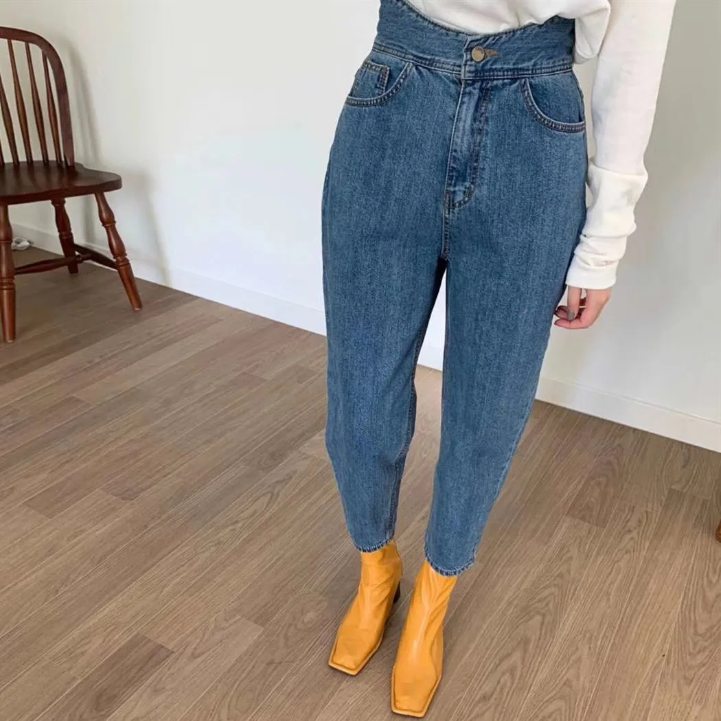 

COIGARSAM Women Denim Pants New Casual Striped Loose Zipper High Waist Jeans