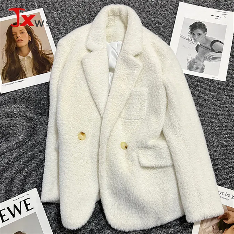

High Quality Mink Velvet White Suit Jacket Women's 2022 Winter Double Breasted New Design Fashion Trend Blazer Jacket