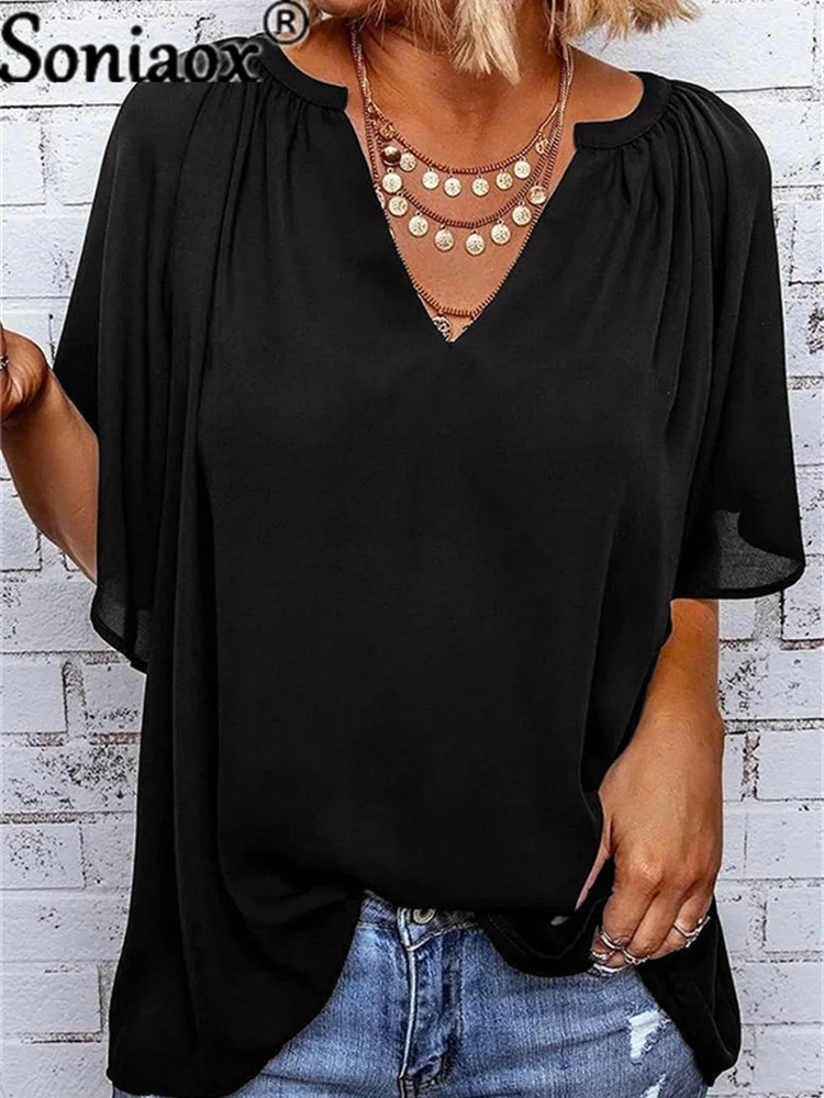 Женская винтажная рубашка с V-образным вырезом однотонная блузка рукавом до