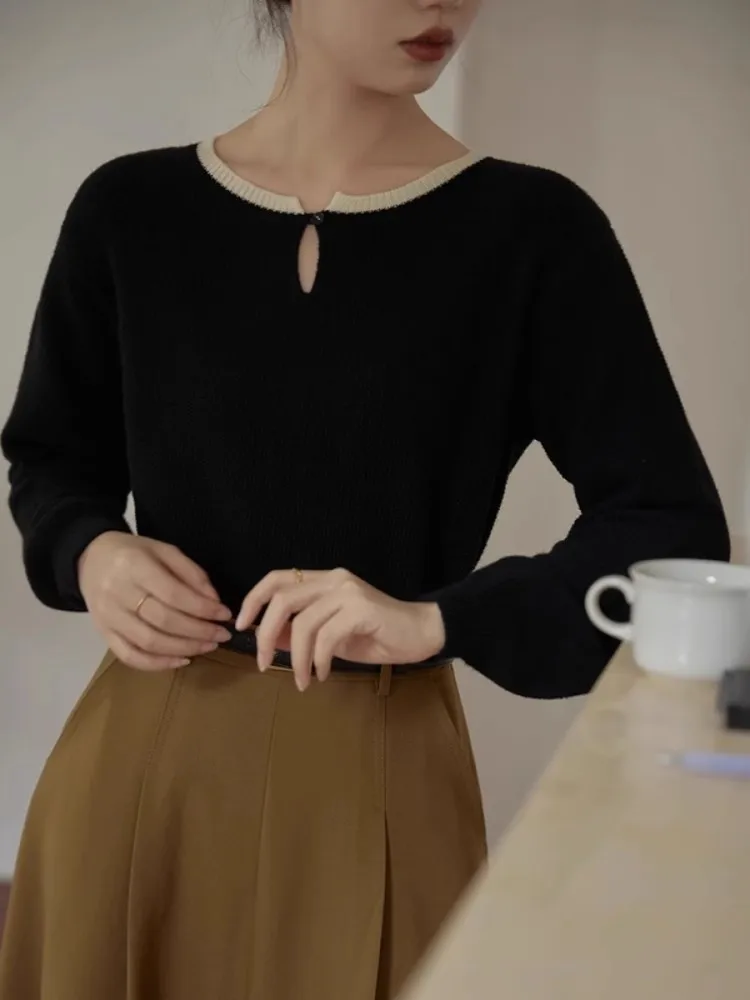 Высококачественный вязаный свитер контрастных цветов для женщин на осень и зиму