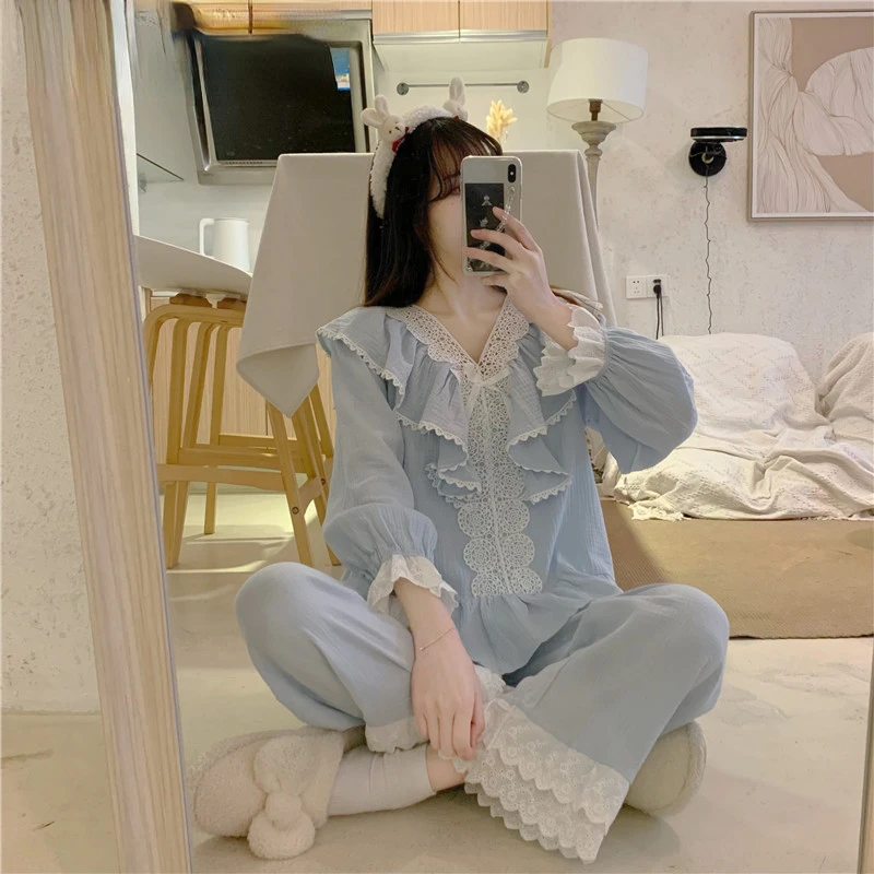 Court Style 2 Piece Set Pajamas Kawaii Women Autumn New Lace Long Sleeve Comfortable Sleepwear V-Neck Cotton Home Wear