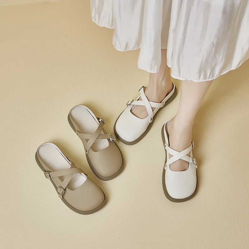 AIYUQI Half Slipper Women Genuine Leather 2023 Summer New Flat Mules Women Shoes British Style Outerwear Slippers Women