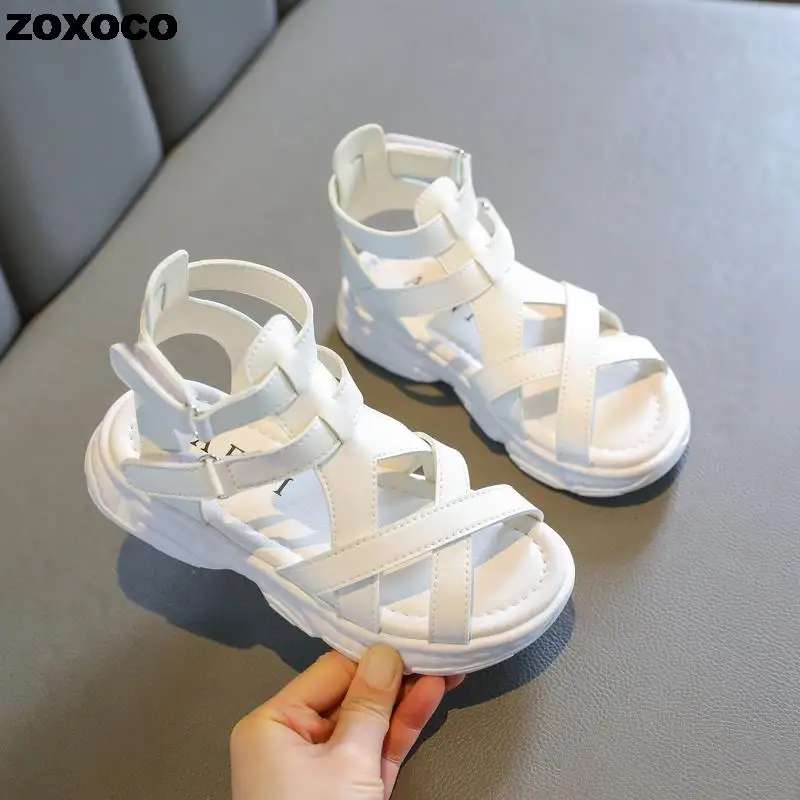 

Girls Summer Hollow Gladiator Sandals Soft Bottom Princess Ankle Boots New Kids Teen Fashion Hook&Loop 26-36 Beach Sandals DV3