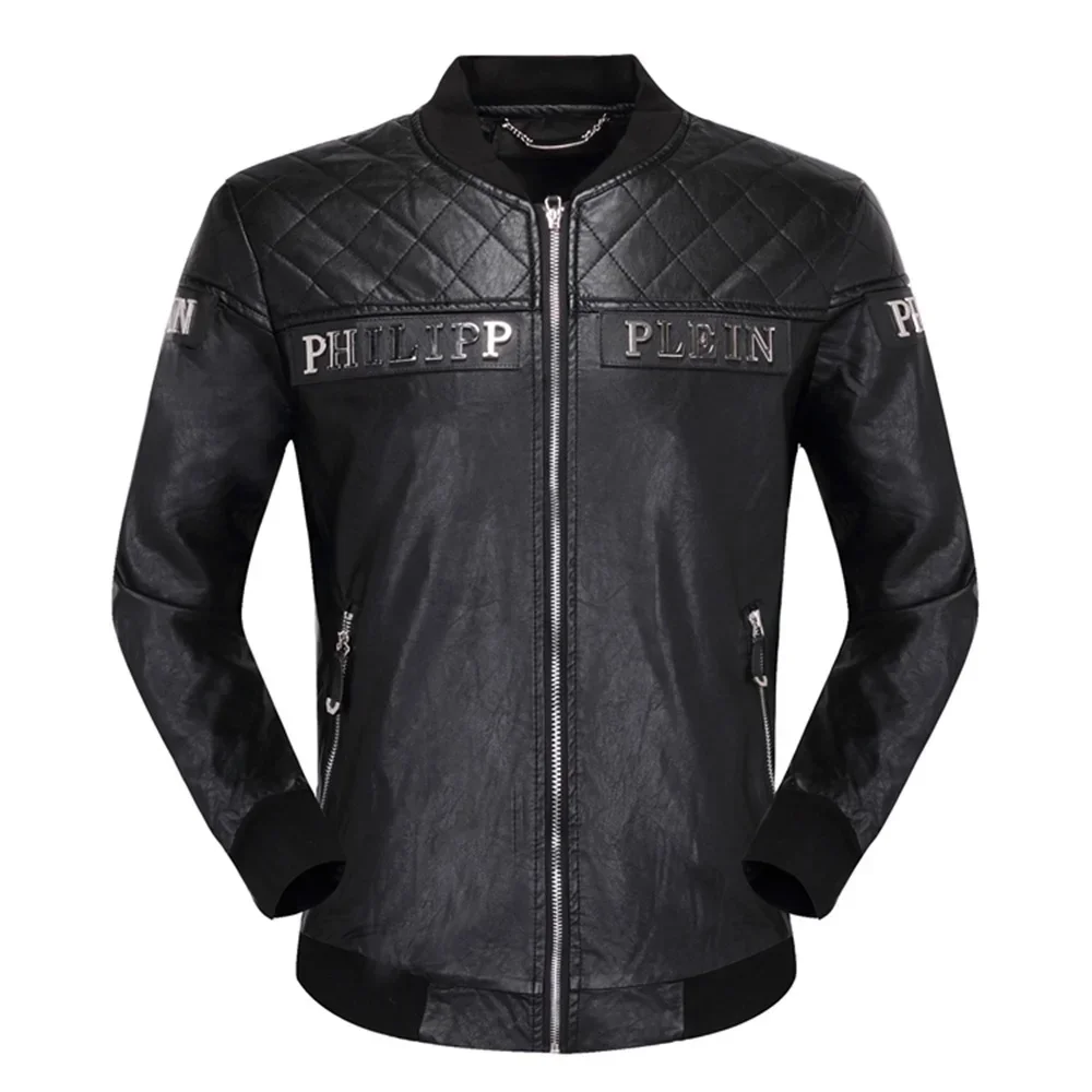 

Top Brand PP Leather Men's Faux Leather PU Metal Letter Embroidered Leather Plein Jacket Fashion Locomotive Coat Mix Style M-3XL