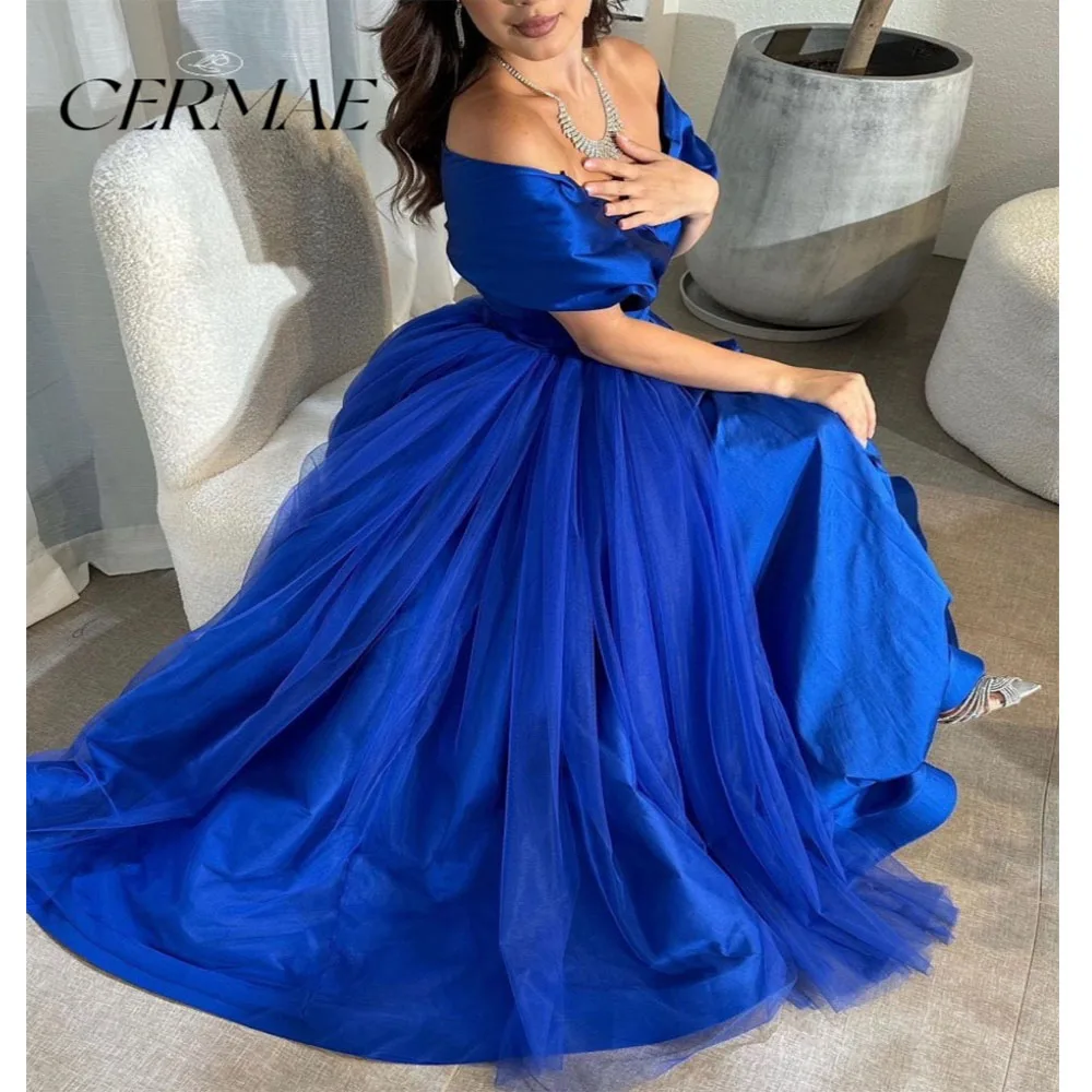 

CERMAE Satin V-neck Blue Elegant Formal Evening Gown Prom bridesmaid Party Iong Dress for Women 2023