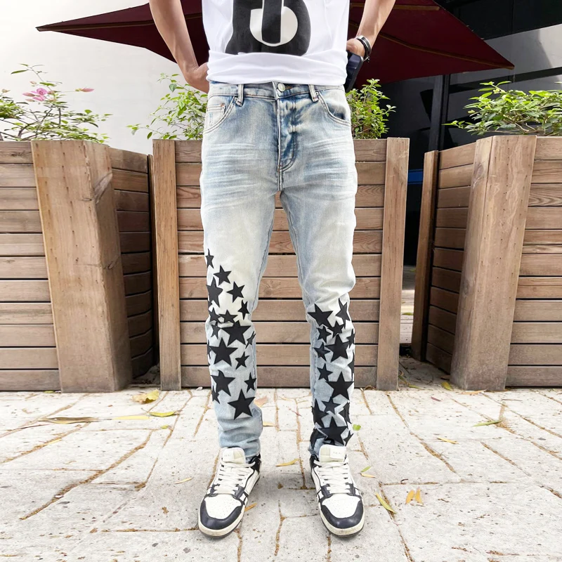 High Street Fashion Men Jeans Retro Light Blue Elastic Skinny Ripped Jeans Men Stars Patch Designer Hip Hop Brand Pants Hombre
