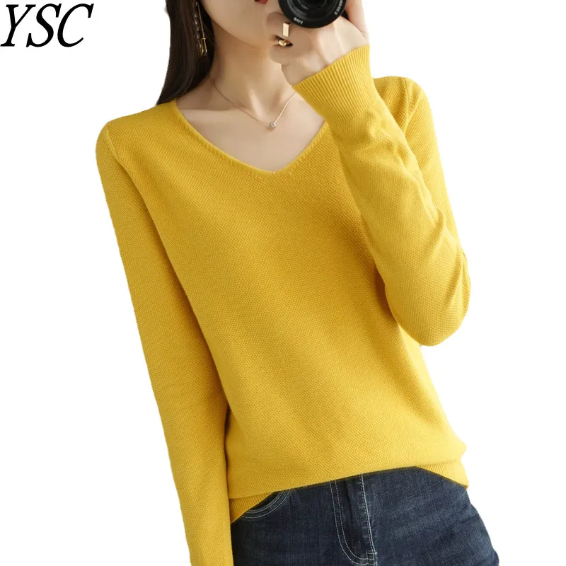 

YSC 2022 Women Worsted Cashmere wool blend sweaters V collar Long sleeve high-quality Classical plane Slim fit style pullover