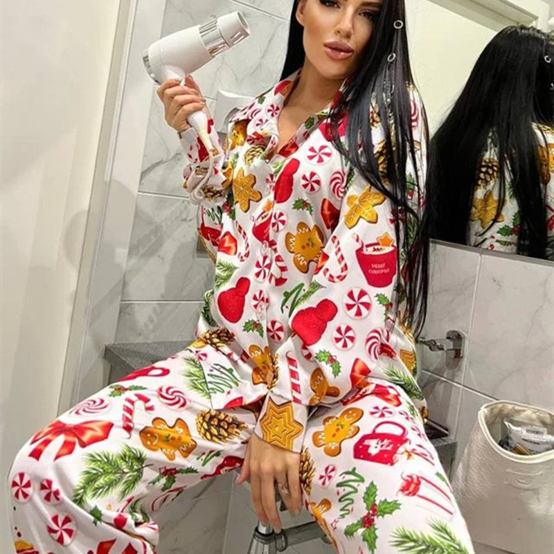 Autumn Winter Women Long Sleeve Pajamas Set Loose Lapel Blouse Shirt Homesuit Casual Print Christmas Sleepwear 2 Piece Suit 2022