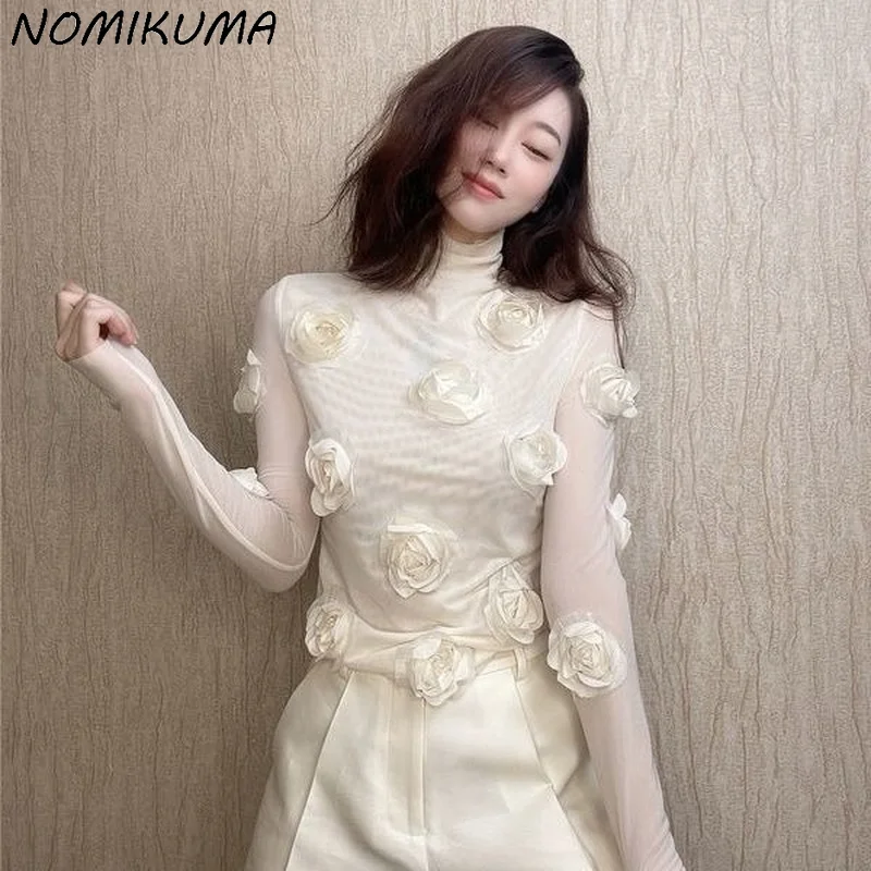 Шикарные 3D рубашки Nomikuma с цветочным рисунком женские топы длинным рукавом и