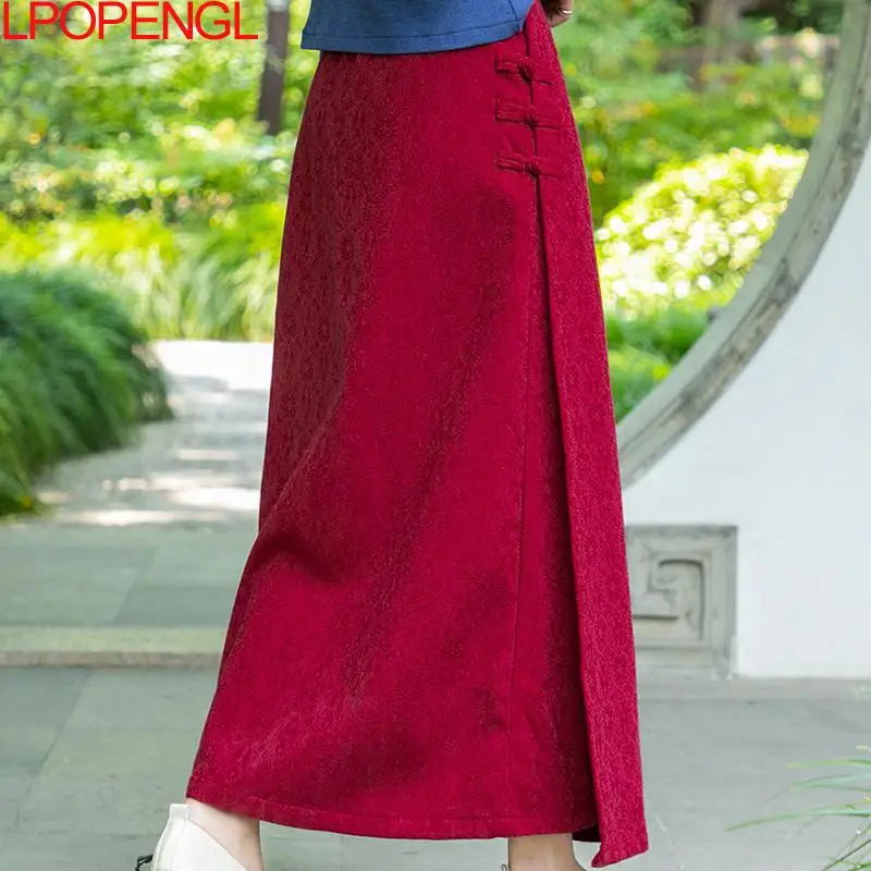 Женская винтажная юбка из хлопка и льна однотонная длинная трапециевидная