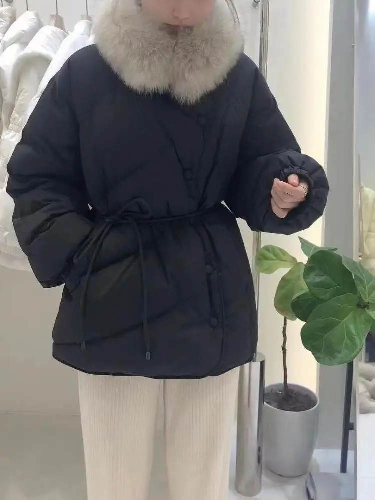 

Женский пуховик с воротником из меха лисы, короткий пуховик с поясом в западном стиле на белом утином пуху 90% в Корейском стиле, зима 2022