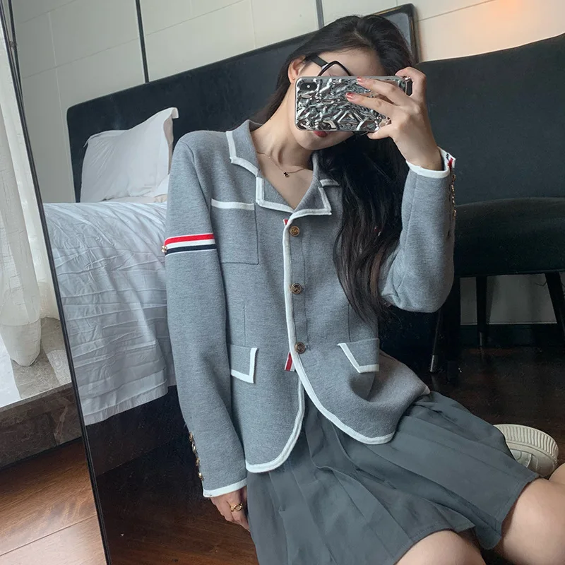 

High Quality Korean Style Autumn College Wind TB White Striped Knit Cardigan Sweater Slim Lapel Small Suit Short Coat Woman