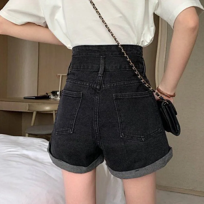 New Spring Summer Women Light Blue High Waist Loose Jeans Shorts Streetwear Ladies Denim Mini Zipper A-line Shorts