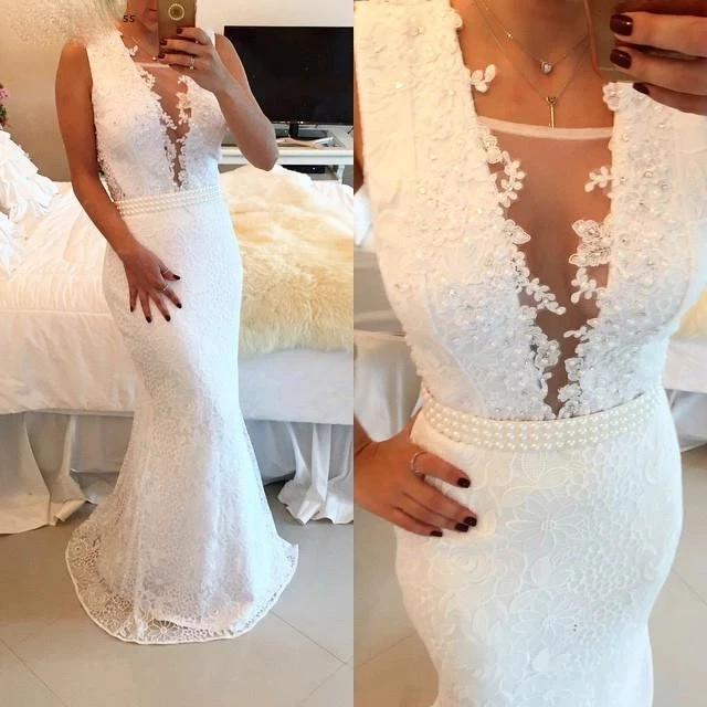 ANGELSBRIDEP сексуальные кружевные свадебные платья с глубоким вырезом Русалка халат