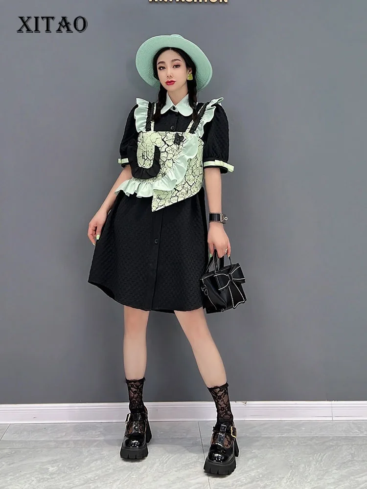 

XITAO Ruffle Dress Fashion Women Patchwork Mesh Goddess Fan Half Sleeve Elegant 2022 Summer Minority Loose Dress WMD6501