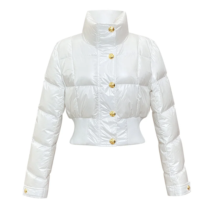 Samll Fragrance Winter Duck Down Cotton-Padded Coat Women Stand Collar Metal Single Breasted Short Warm Outwear