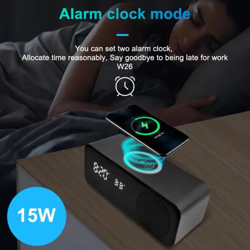 

RYRA 5 In 1 Multi-function Bluetooth Wireless Speaker Wireless Charger Digital Clock Fast Charging Base Mobile Phone Holder
