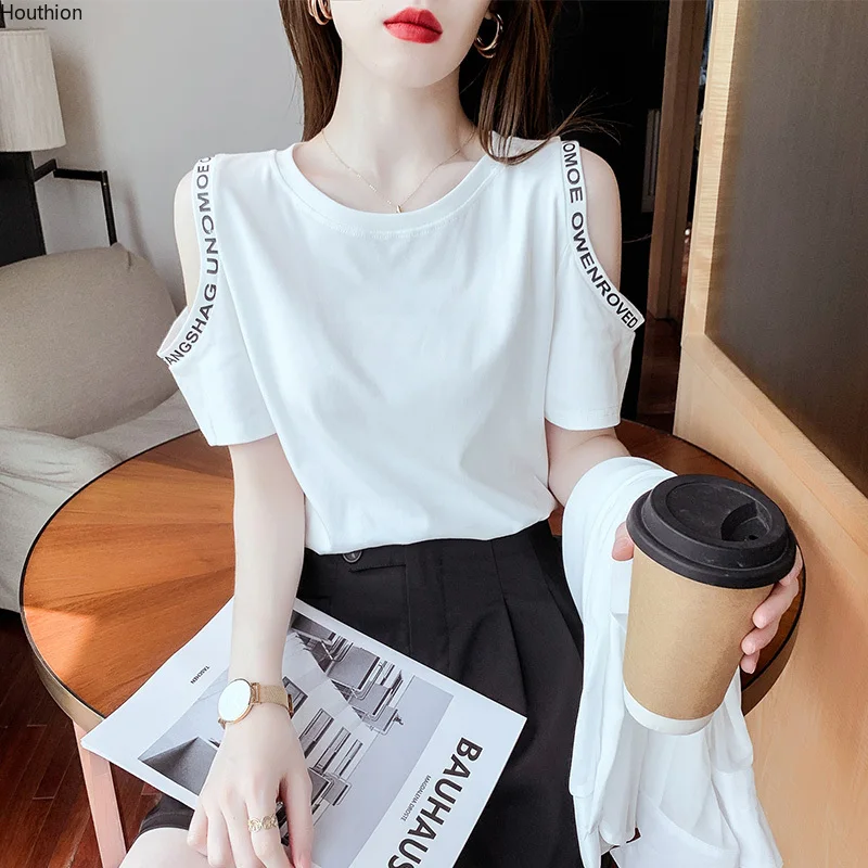 

Cotton Women's T-shirt New Korean Fashion Strapless Female Clothes Summer T Shirt Casual Short Sleeve Top