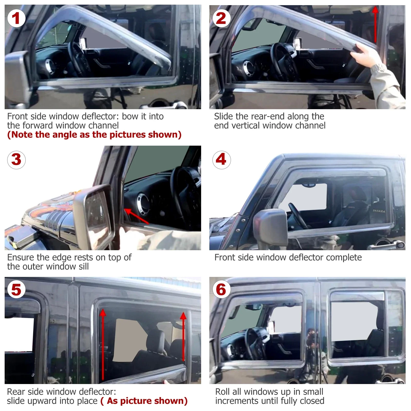 Фото Ветровик для Jeep Wrangler JK 2007-2018, защита от дождя, боковой дефлектор, накладка на кузов, внешнее крепление, 4-дверный вариант. №5