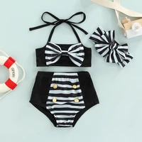 3 piece toddlers girls swimwear striped halter neck tops high waist pantie headband swimsuit 9 months to 3 years
