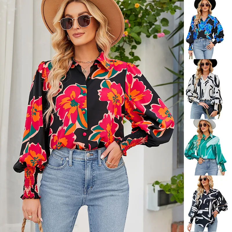 Women's Clothing 2023 Spring and Summer New Tops Casual Printing Bubble Shoulder Lantern Long-sleeved Shirt Women Tops enlarge