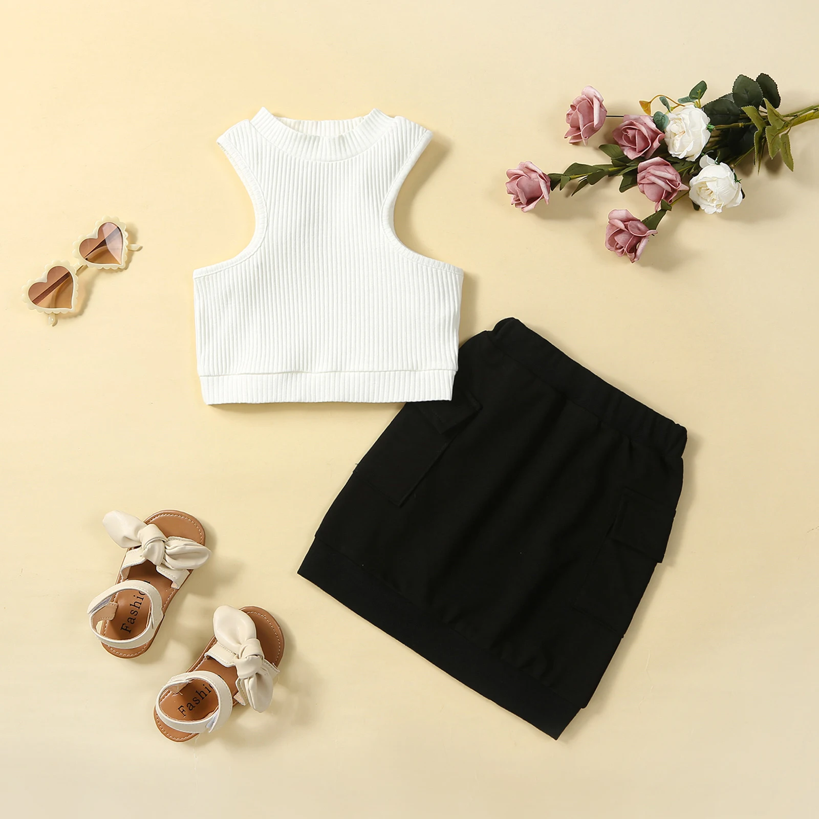 

Женский комплект одежды из двух предметов, однотонный топ без рукавов в рубчик и эластичная юбка, летний комплект детской одежды