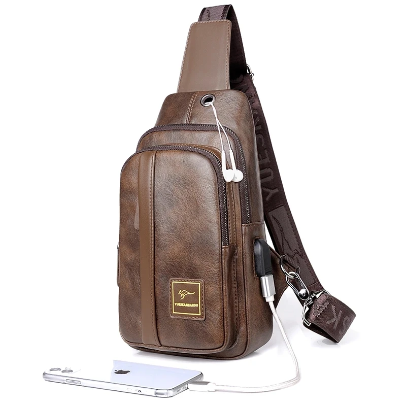 

Kangaroo Luxury Brand Chest Bag Men Crossbody Bag Leather Chest Pack USB Charging Travel Sling Bag Messenger Shoulder Bag Male