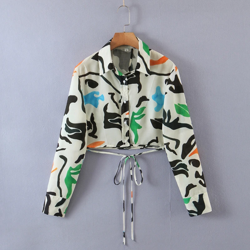 

2022 Fashion Print Elegant Sexy Backless Tie Single Breasted Shirt Women Summer Autumn Club Party Long Sleeve Shirt Crop Top
