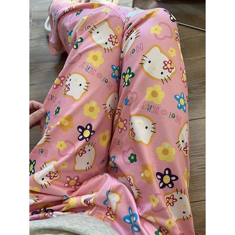 

Sanrio Hello Kitty Y2k Trousers Women Wide Leg Pant Kt Cat Lovely Loose High Waist Casual Thin Pants Aesthetic Fashion Printed