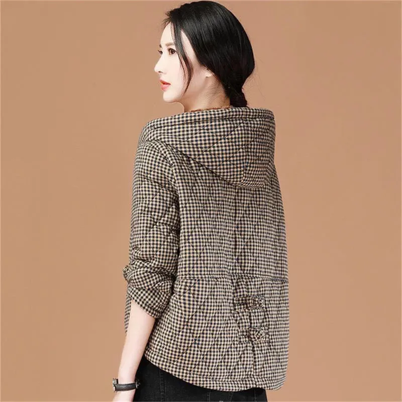 Women Winter Hooded Parkas Cotton Jackets Thickened  Velvet Plaid Warm Coats Female 2022short tops vintage Outerwear Female