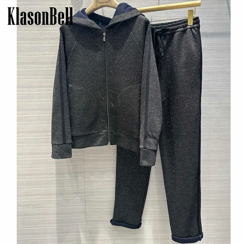 

10,28 KlasonBell модные повседневные контрастные цвета двойная молния с капюшоном Jacaket + кулиска талии прямые брюки с рюшами