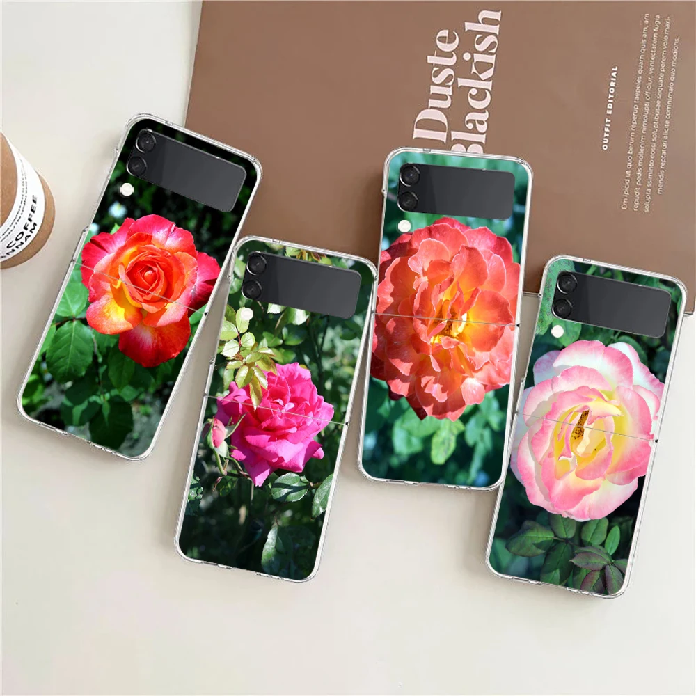 

Rose Flowers Botanic Clear Phone Case For Samsung Galaxy Z Flip 3 4 5G Hard Folding PC Shell For Samsung Z Flip3 Back Cover