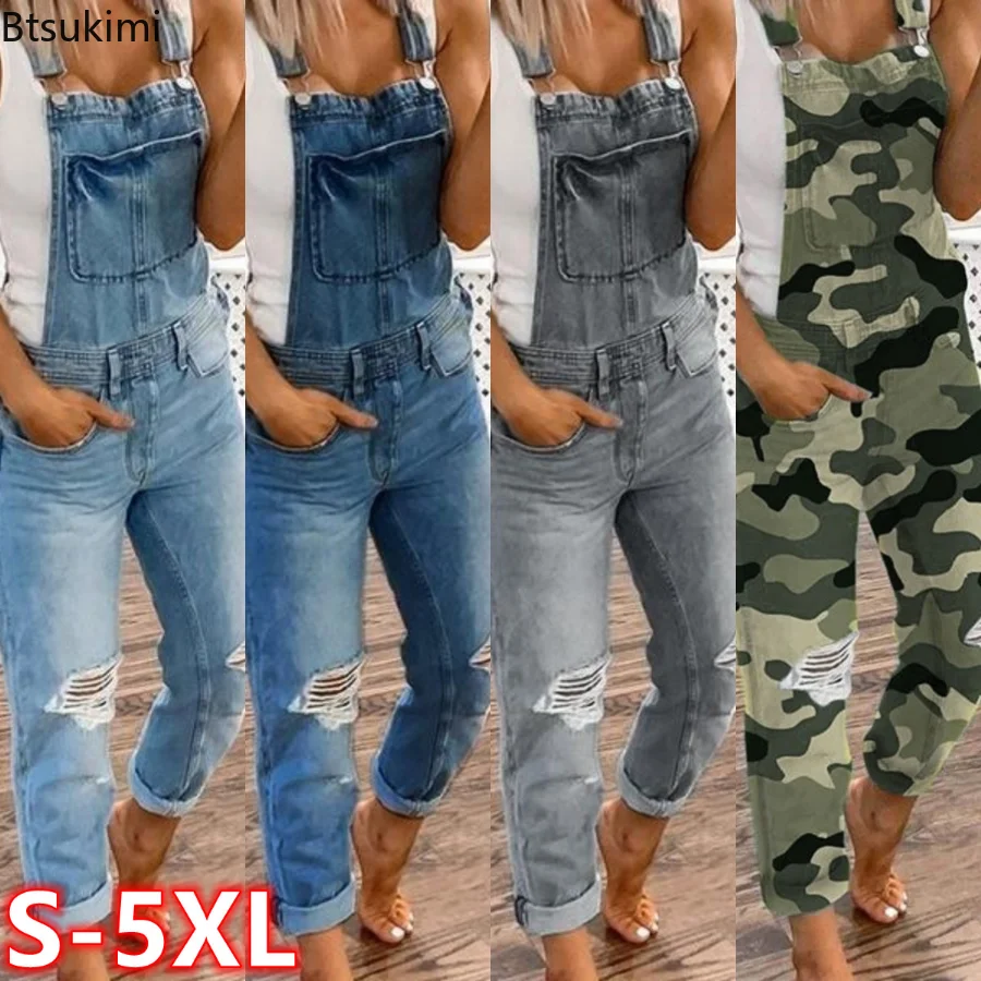 2023 Plus Size 4XL 5XL Cargo Pants Women Denim Bib Overalls Jeans Jumpsuits Rompers Ladies Ripped Hole Suspenders Long Playsuits