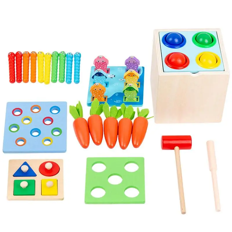 

Wooden Montessori 5 In 1 Toy Matching Game for Over 1-Year-Old Object Permanence Coin Box Carrot Harvest Catch Worm Shape Sorter