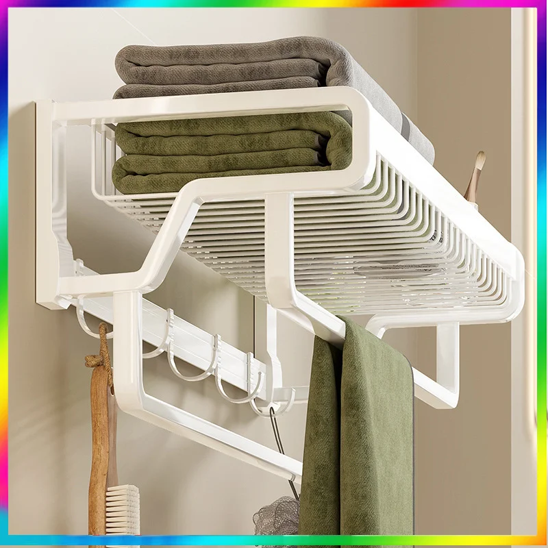 

Towel Rack 37-47CM Folding Holder With Hook Bathroom Accessories Wall Mount Rail Shower Hanger Aluminum Bar Matte White Shelf
