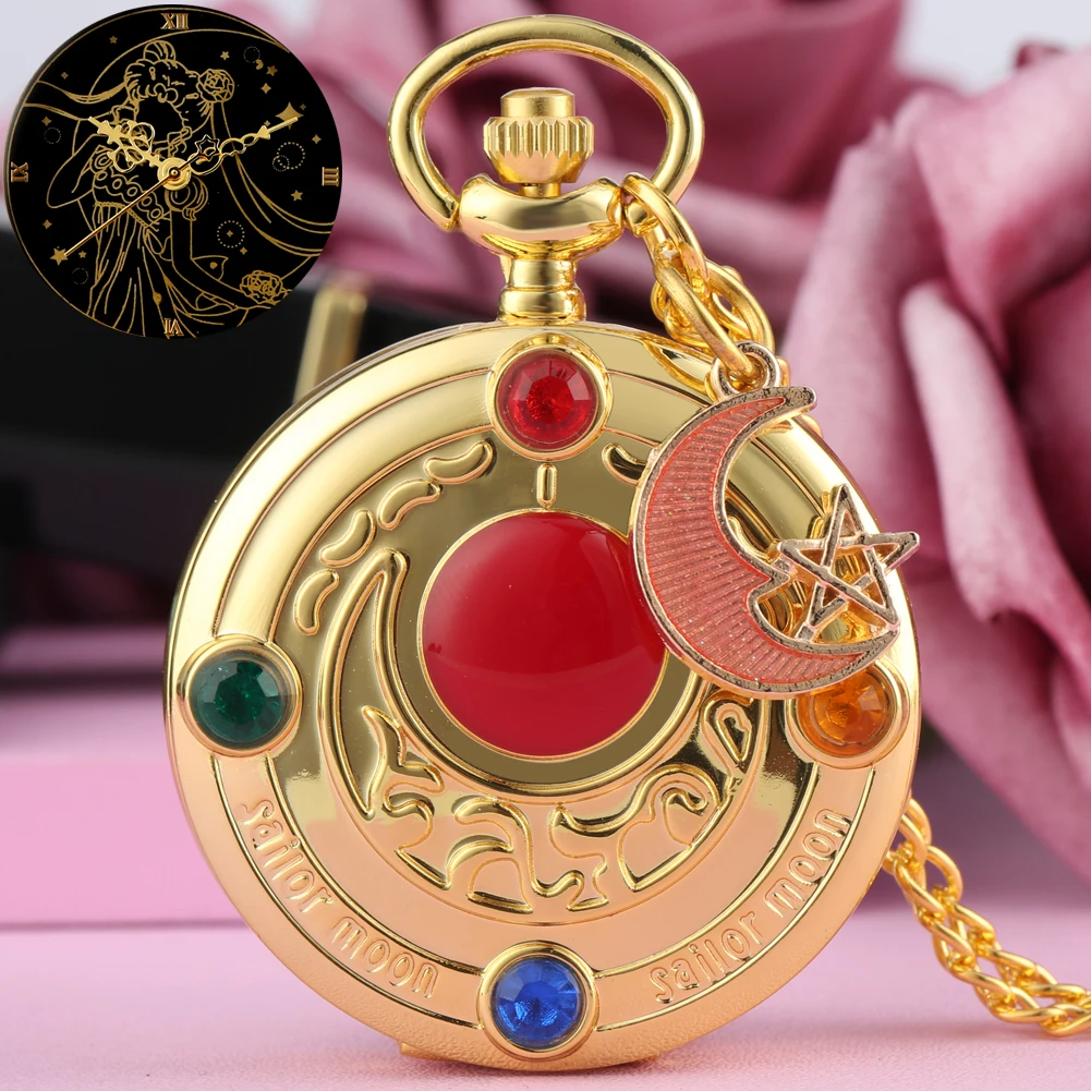 

Girls Golden Diamond Case Cover Pocket Watch Women's Chic Dial for Ladies Red Moon Pendant Clock Hour Accessory relogio de bolso