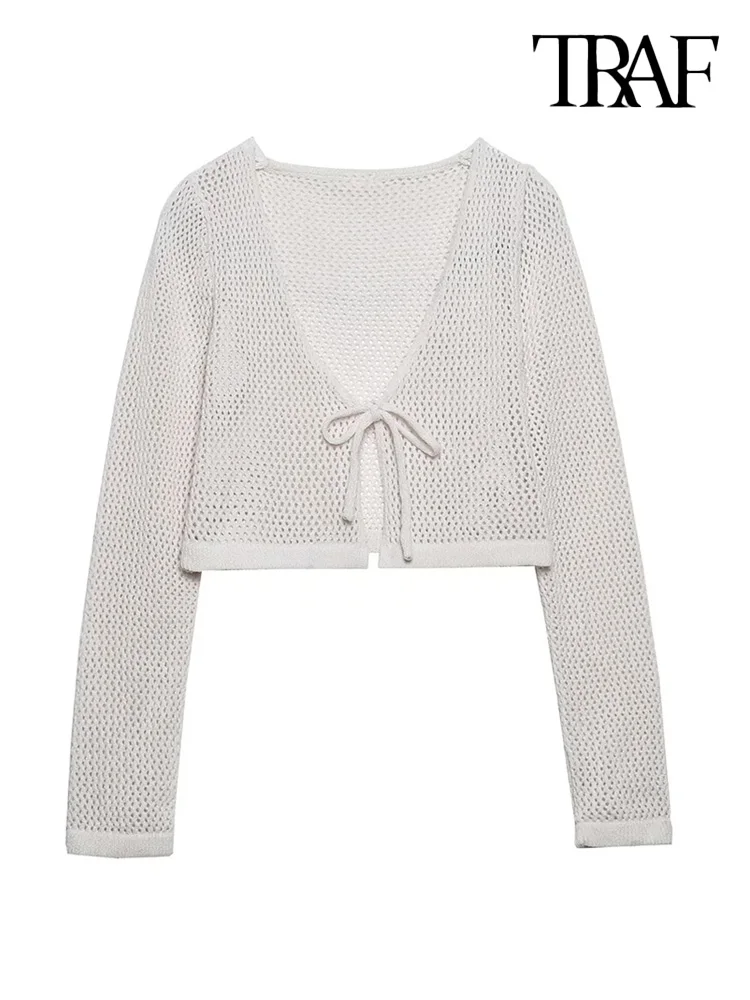 

TRAF Women Fashion Front Tied Soft Touch Crop Chenille Cardigan Sweater Vintage V Neck Long Sleeve Female Outerwear Chic Top