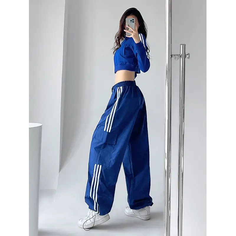 

Hip Hop Pants Joggers Trousers Streetwear Wide Leg Cargo Pants Y2K High Waist Drawstring Striped Sweatpants Women's Clothing