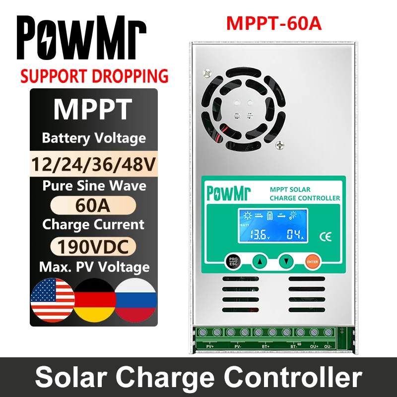 Controlador de Carga Powmr Mppt Solar Regulador Painel 12v 24v 36v 48v Auto Bateria Max 190v Entrada Apoio Caindo 60a