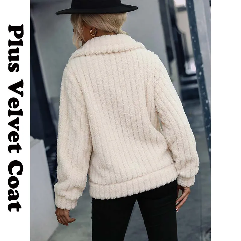 Plus Velvet Thicken Coat For Women winter jacket Reversible Fleece Single Breasted Lapel Long Sleeve Stripe Regular Plush Jacket