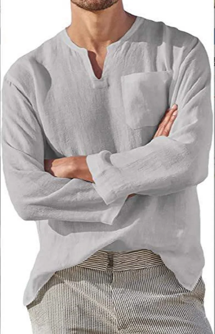 2022 European And American Spring And Summer New Men's Long-Sleeved V-Neck Shirts Casual Beach Linen Shirts For Men