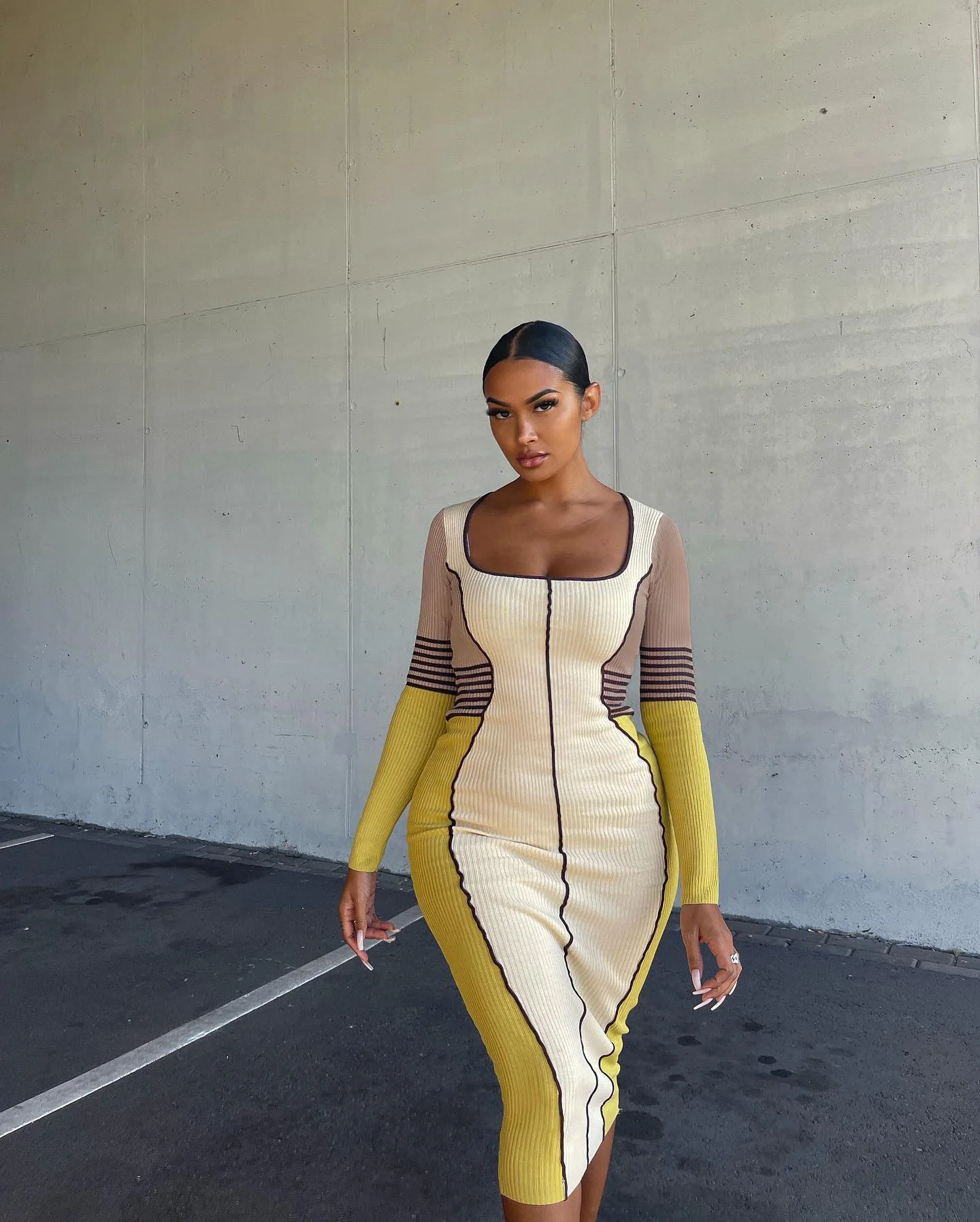 

Chocomist Dresses Trendy Color Block Square Collar Women Midi Dress