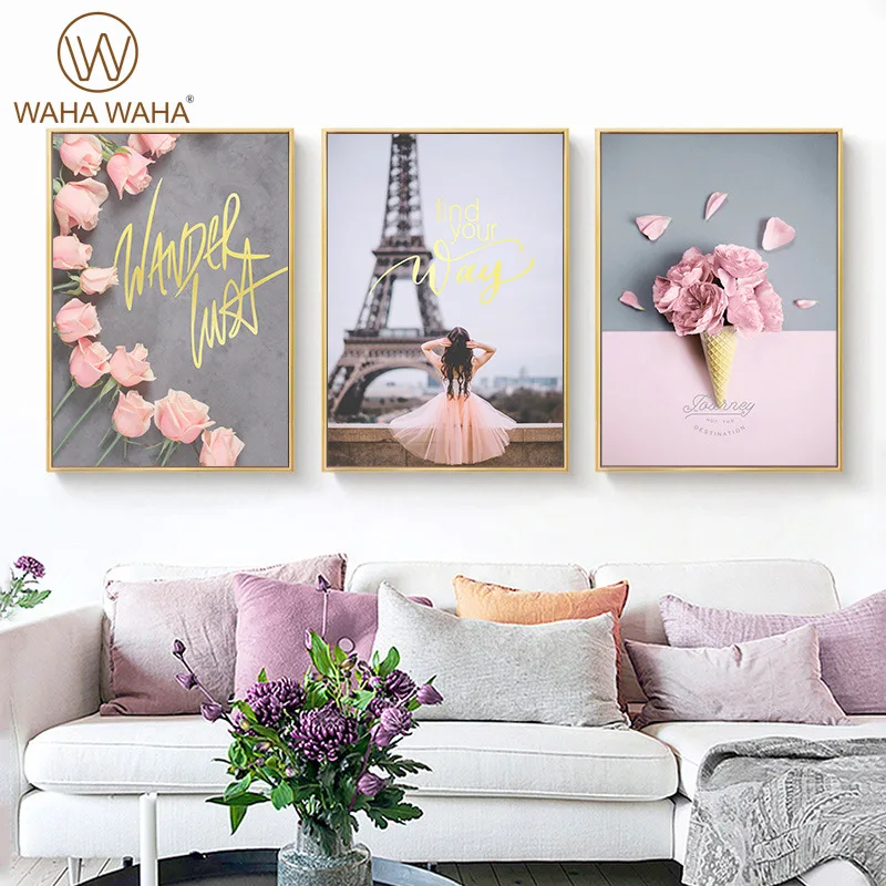 

Painting Canvas Girl Heart Canvas Art Rose Flower Beauty Tower Fashion Poster Print Children's Room Home Decoration Painting