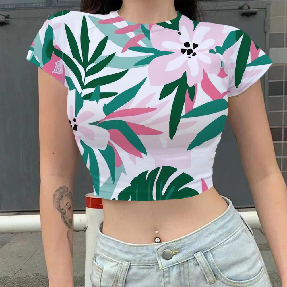 

Summer Cool Flower leaf Graphic Printed Versatile T-shirt Women Fashion Short Sleeve Tshirts Female Harajuku Casual Tops Tee