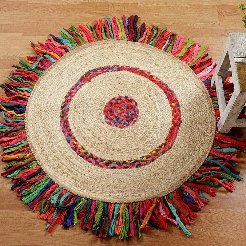 Jute and Cotton Rug Handmade Double Sided Small Rug Round Modern Rustic Look Rag Rug